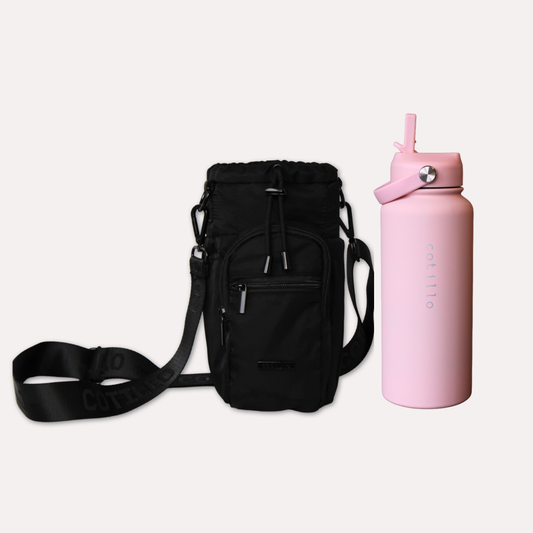 Bag and 1 Litre Insulated Water Bottle Bundle - Black and Pink